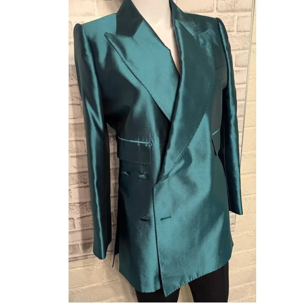 Dolce & Gabbana Cyan Green Mikado Silk Double-breasted Blazer IT 38 Oversized